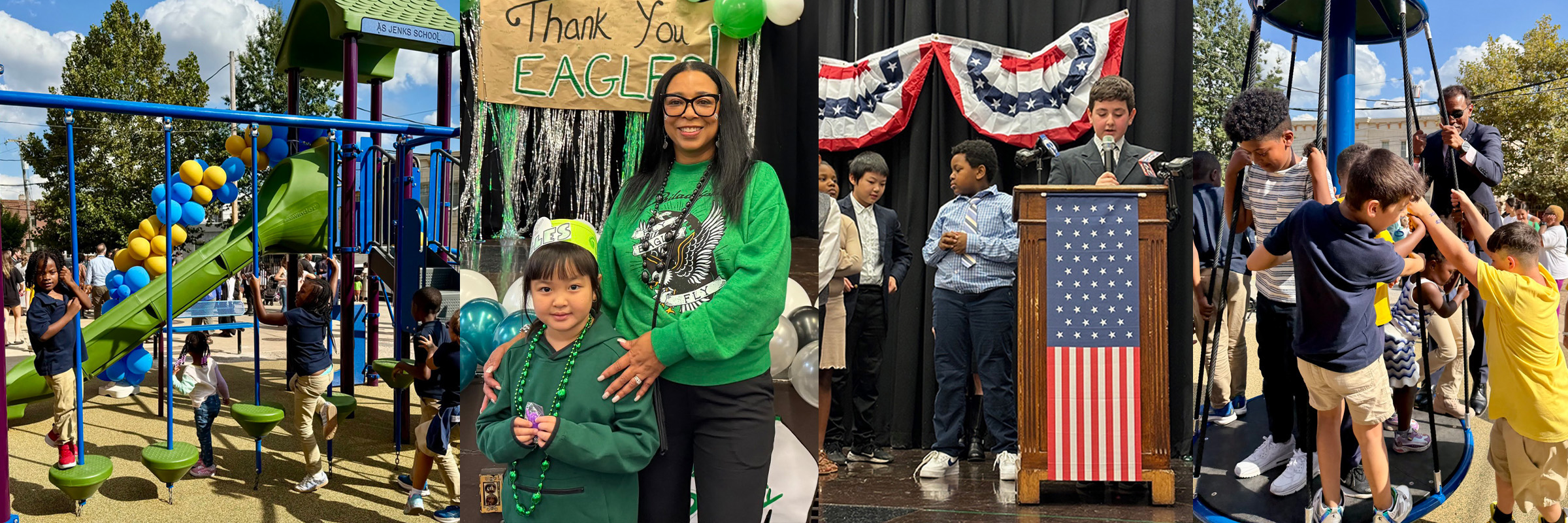 Students at Abram Jenks School participate in school life, including outdoor play on the playground, classroom activities, student celebrations, and a student speaking at a podium during a school event.