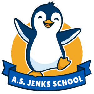 Jenks-A-Logo_Full Logo A.S. Jenks School logo featuring a smiling blue and white penguin standing in front of a gold circle with a blue banner reading “A.S. Jenks School.